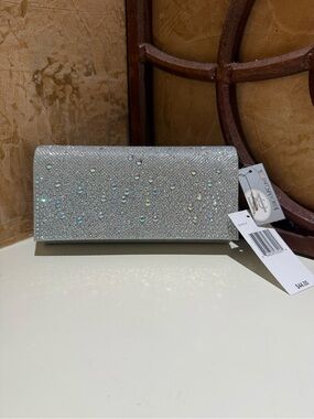 Jessica McClintock Silver Iridescent Crystal Clutch